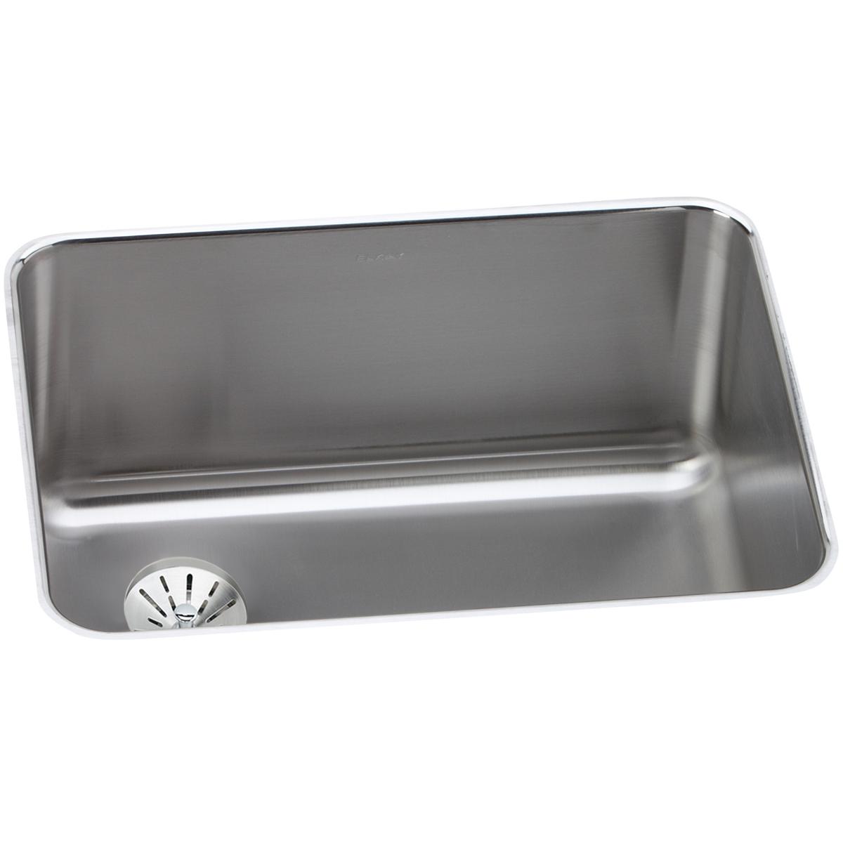 Stainless steel single bowl undermount sink with rounded corners and left-positioned drain basket, viewed from above.