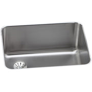 Stainless steel single bowl undermount sink with rounded corners and left-positioned drain basket, viewed from above.