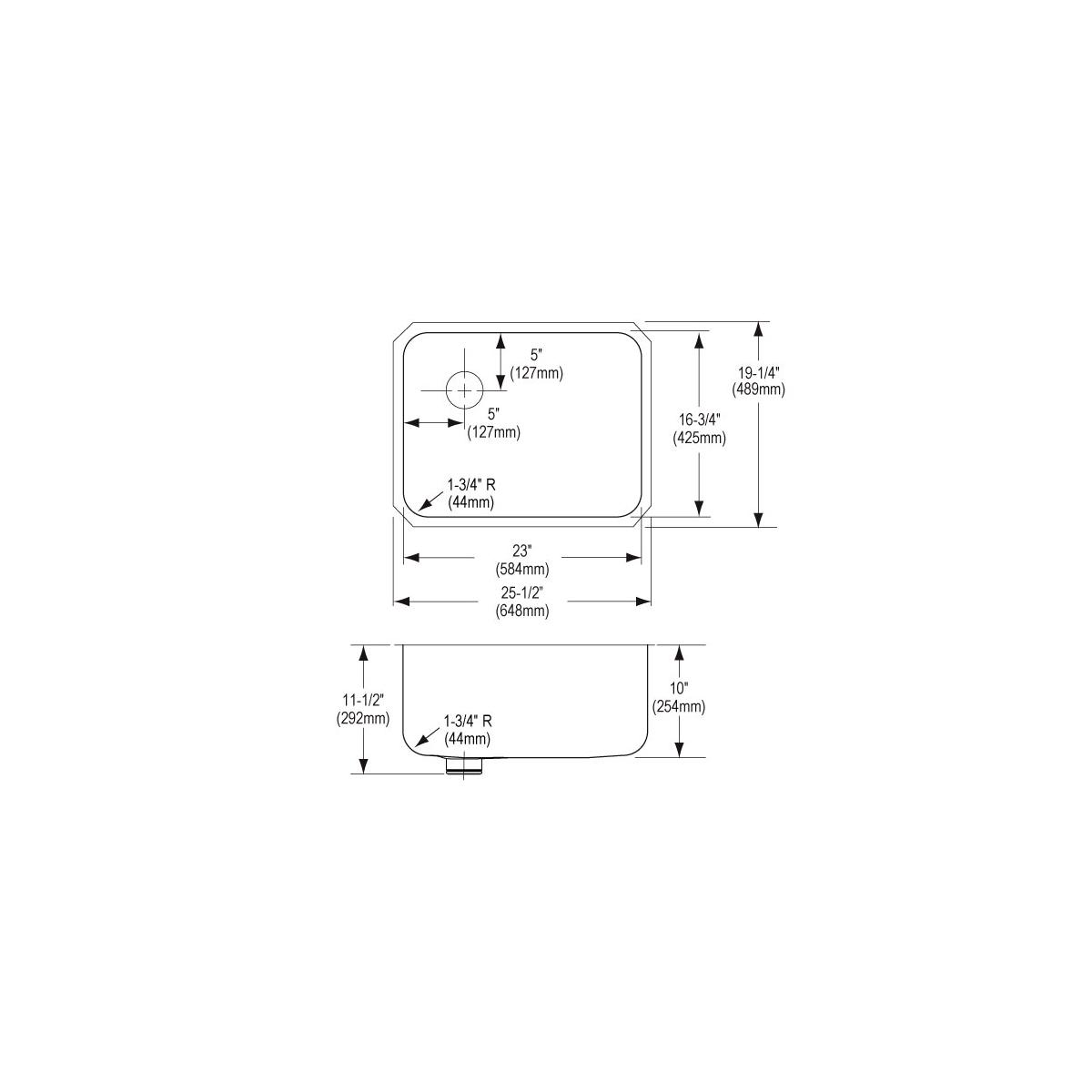 Technical drawing showing top and side views of a stainless steel undermount sink with single bowl and rounded corners, inclu