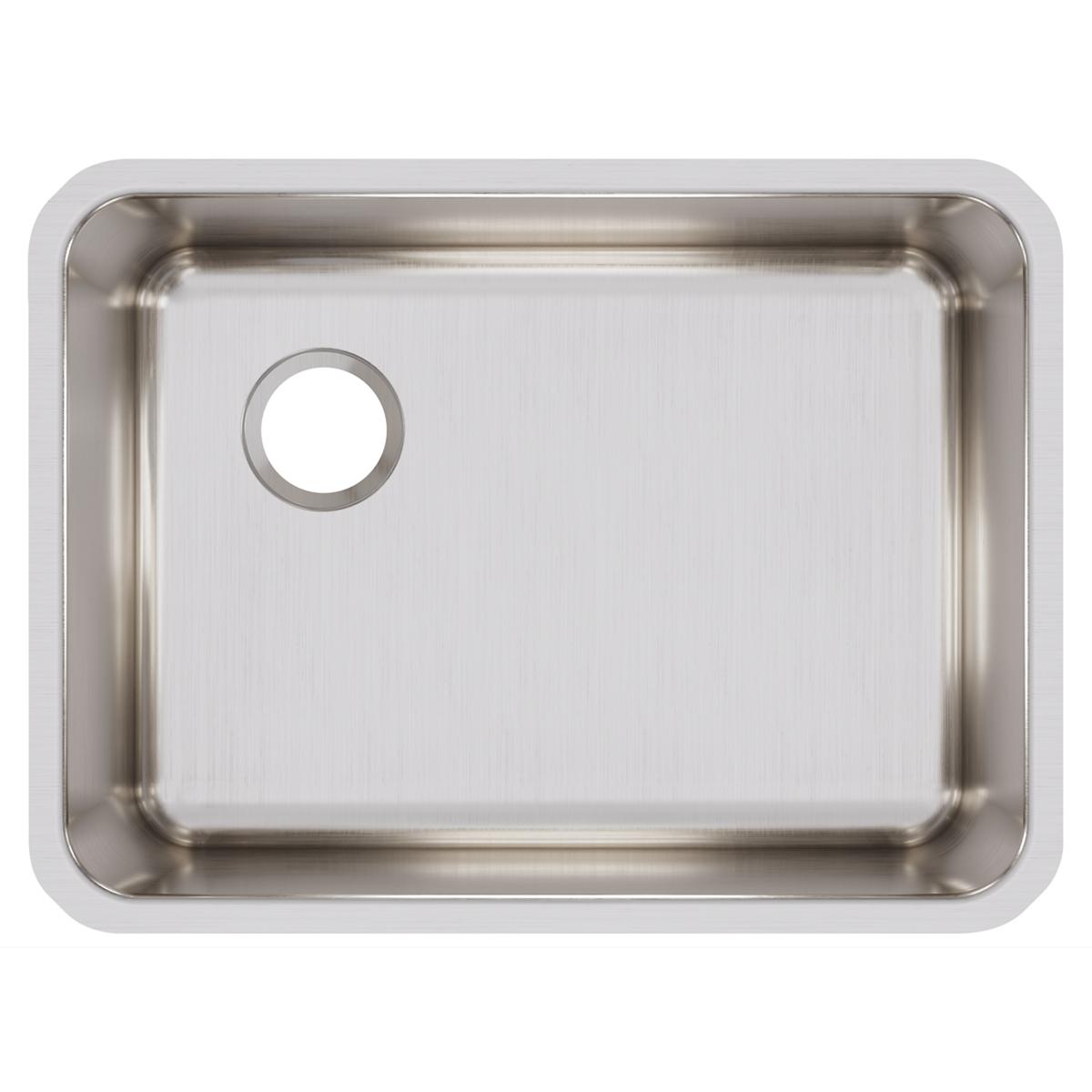 Stainless steel single bowl undermount sink with brushed finish and left drain hole, viewed from above.