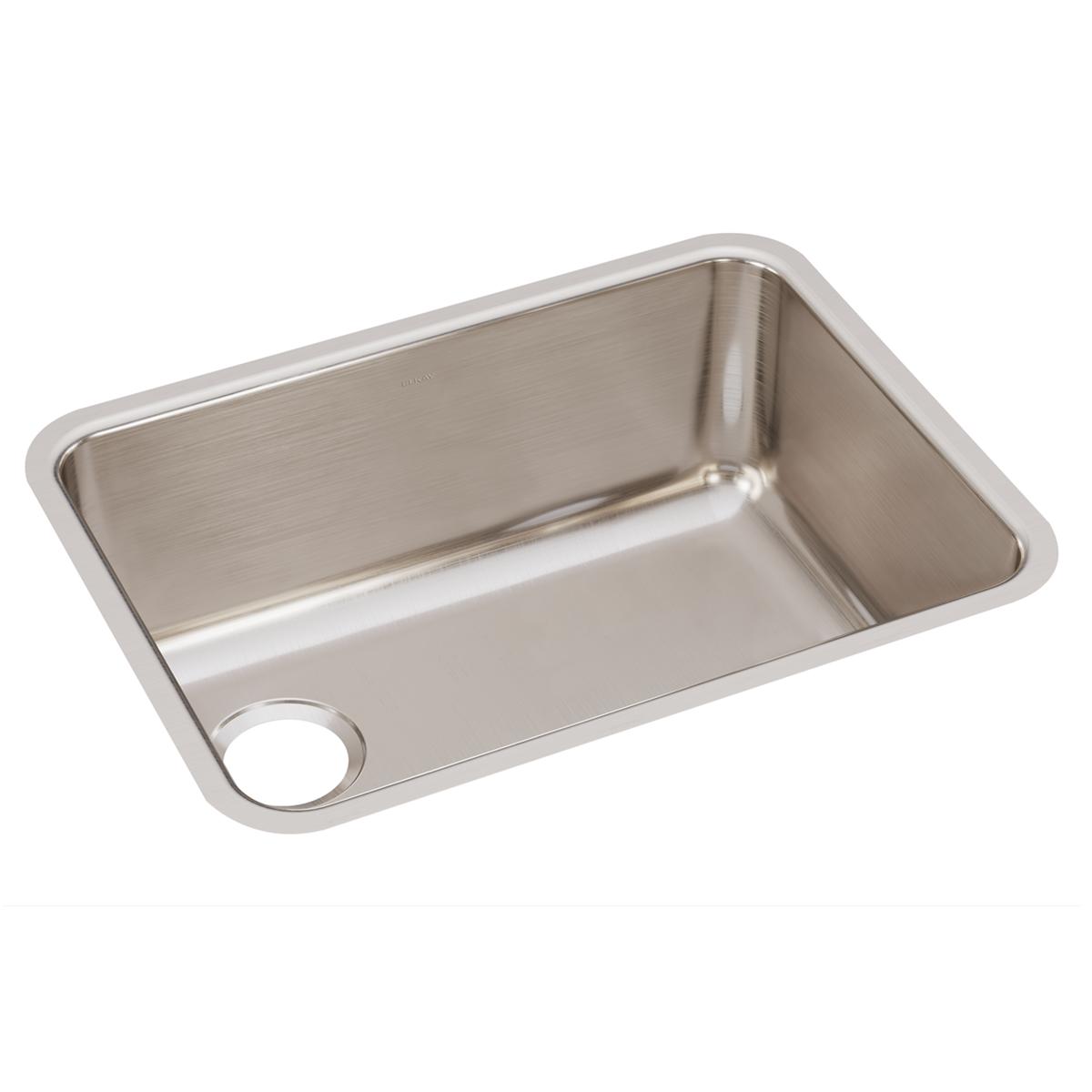 Stainless steel single bowl undermount sink with rounded corners and left drain opening.