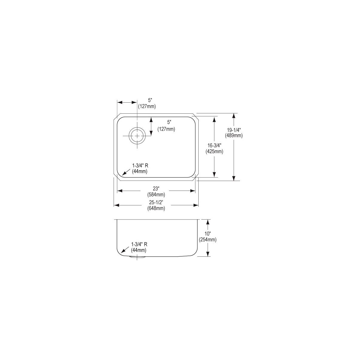 Stainless steel undermount sink with single bowl, left drain, and rounded corners shown in top and side view with dimension m
