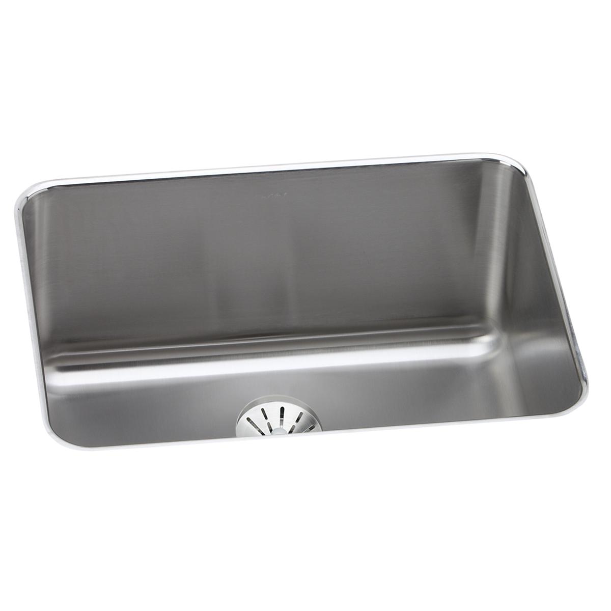 Stainless steel single bowl undermount sink with rounded corners and drain fixture visible at bottom center.