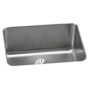 Stainless steel single bowl undermount sink with rounded corners and drain fixture visible at bottom center.