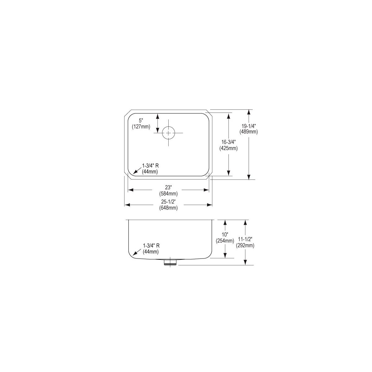 Stainless steel single bowl undermount sink with rounded corners and drain hole, shown in top and side technical drawings wit