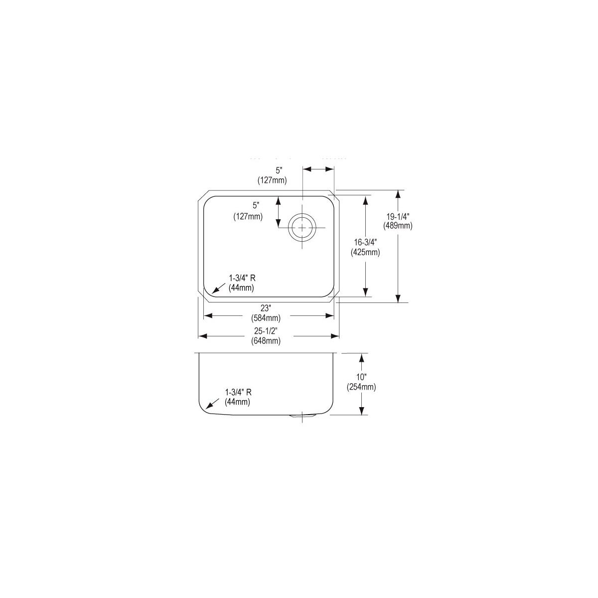 Technical drawing of stainless steel single bowl undermount sink showing top and side views with dimensions and drain placeme