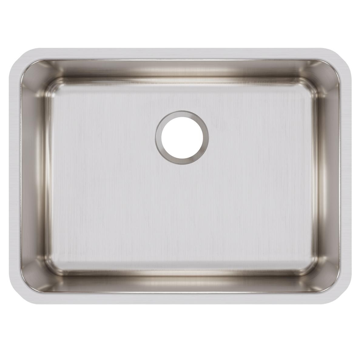 Stainless steel single bowl undermount sink with brushed finish and rounded corners, featuring a drain hole.