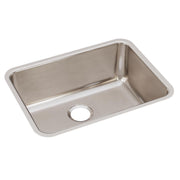 Rectangular stainless steel undermount sink with single bowl and drain hole, brushed finish.