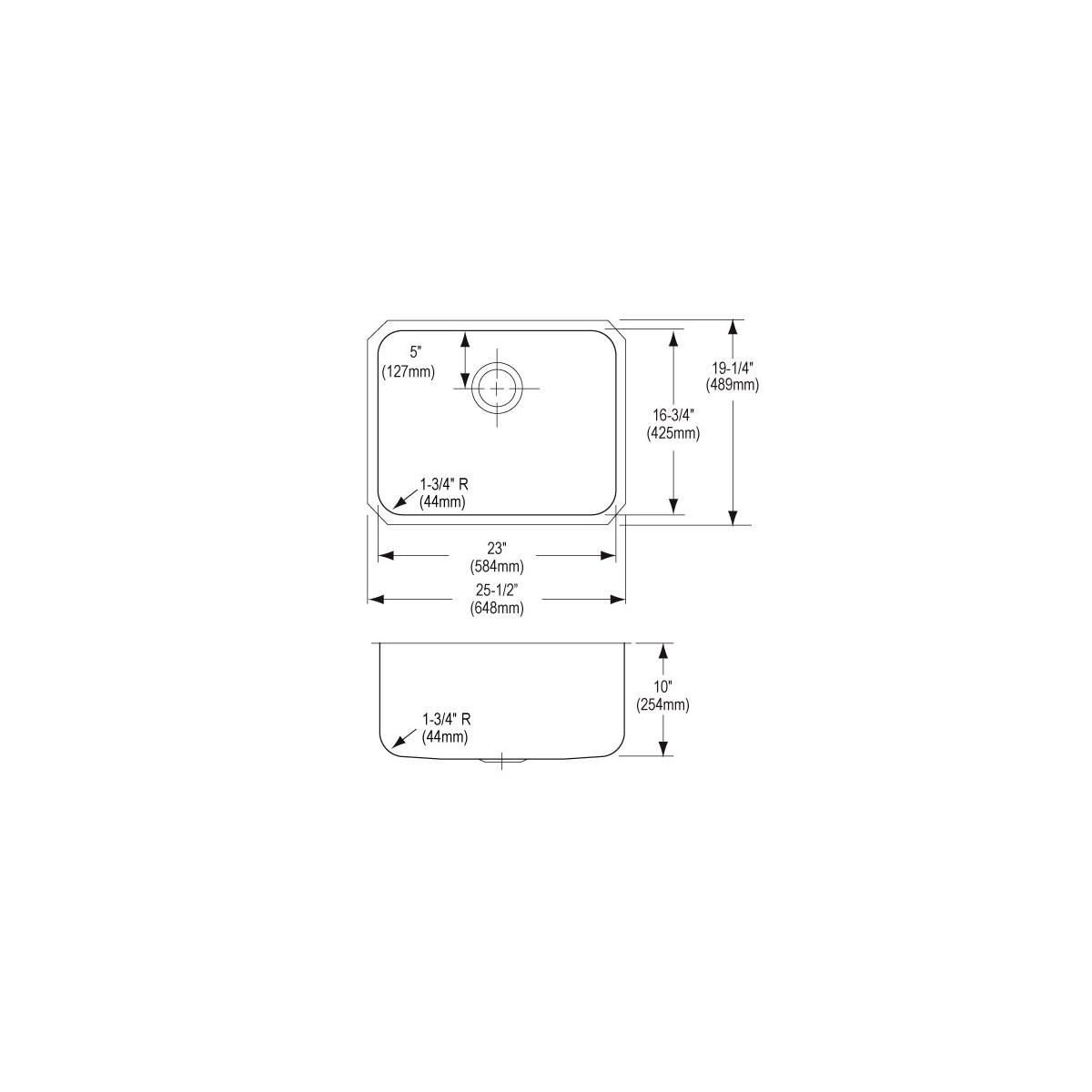 Stainless steel single bowl undermount sink with rounded corners and drain hole, shown in top and side technical drawings wit