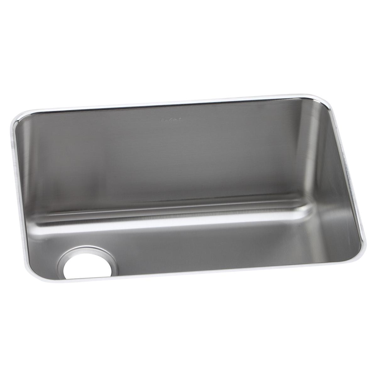 Stainless steel single bowl undermount sink with left drain and rounded corners.