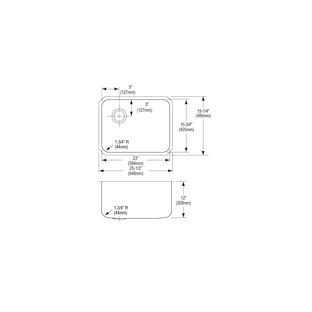 Technical diagram showing top and side views of a stainless steel undermount sink with left drain and rounded corners, includ