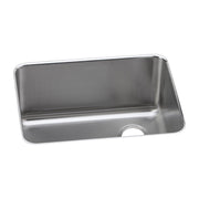 Stainless steel single bowl undermount sink with rounded corners and right drain hole visible.