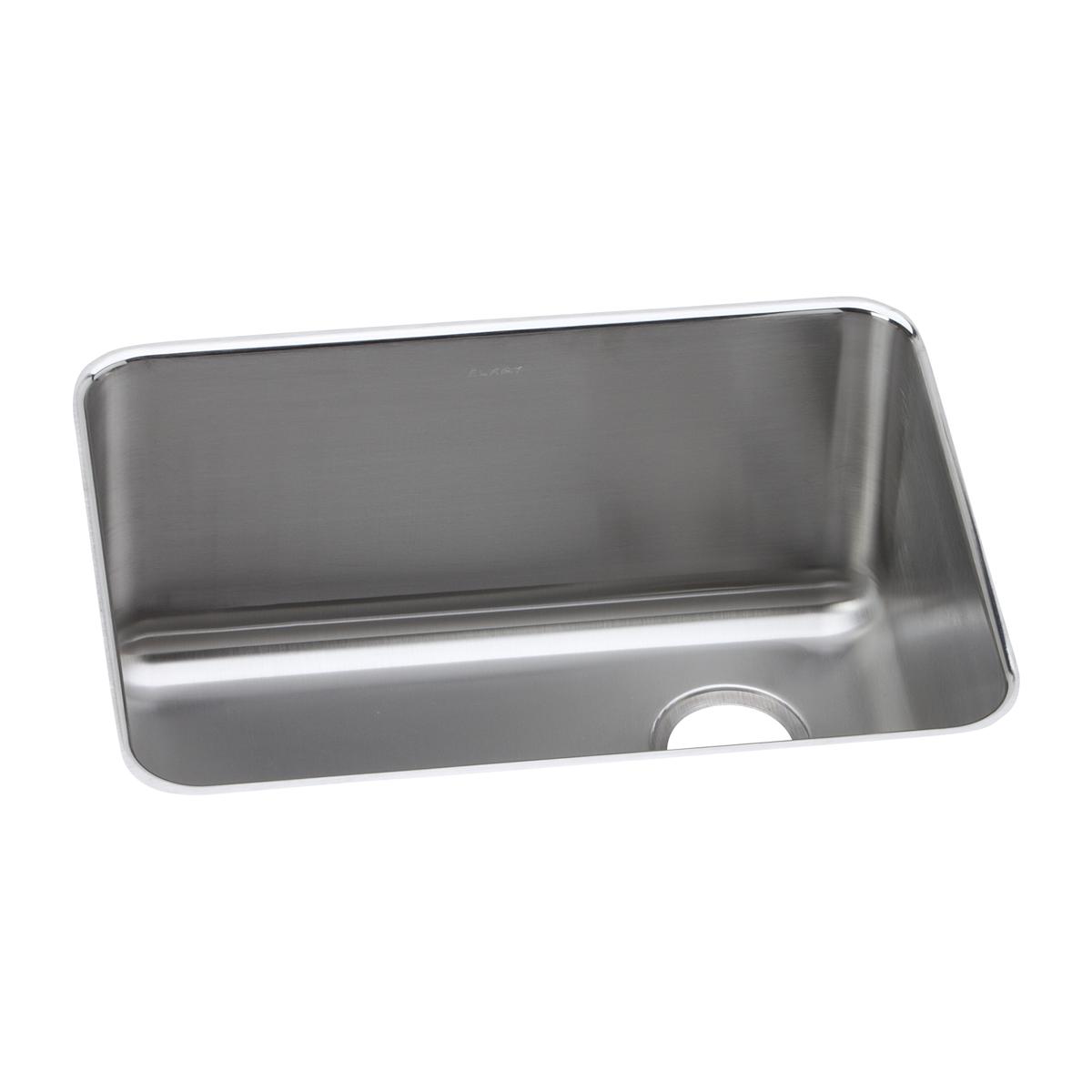 Stainless steel single bowl undermount sink with rounded corners and right drain hole visible.