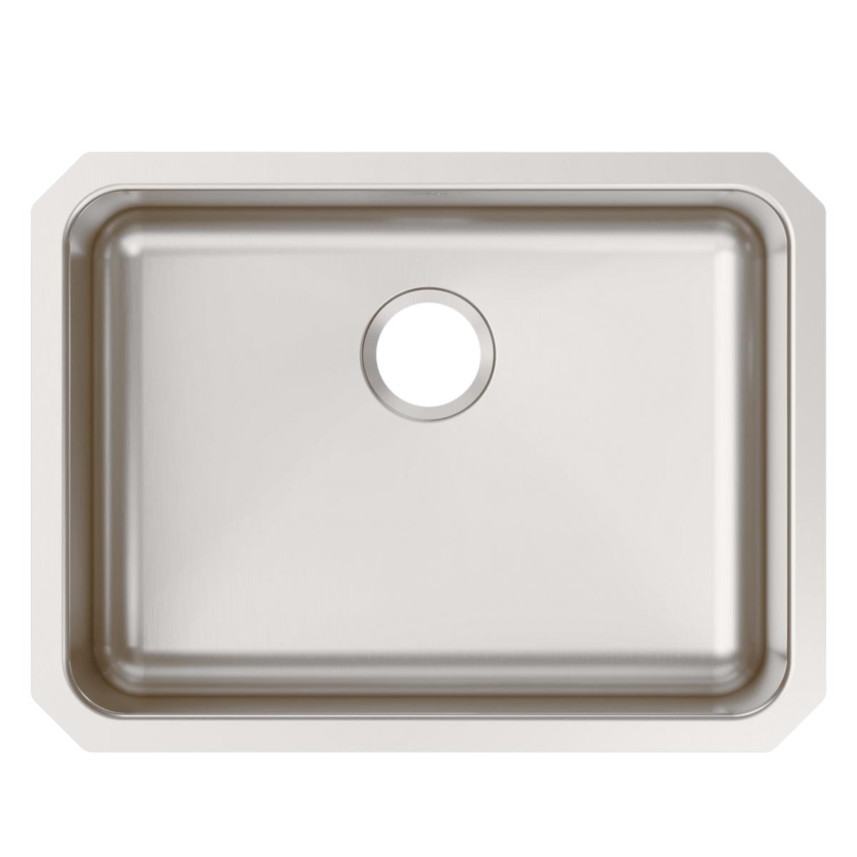 Stainless steel single bowl undermount sink with rounded corners and faucet hole.