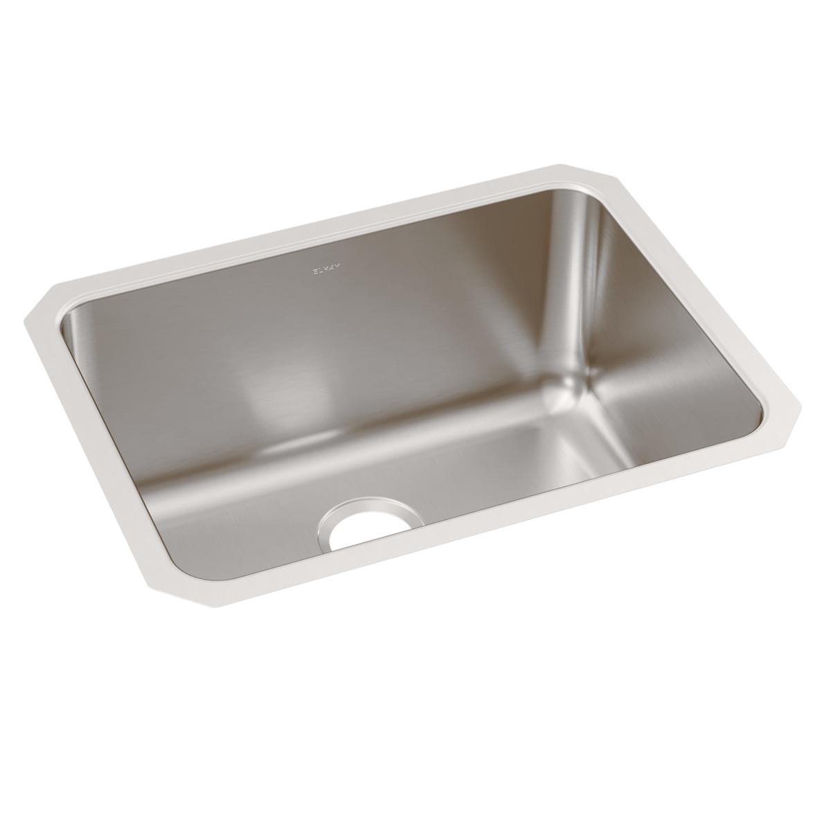 Stainless steel undermount sink with single bowl and rounded corners, shown from above at an angle.