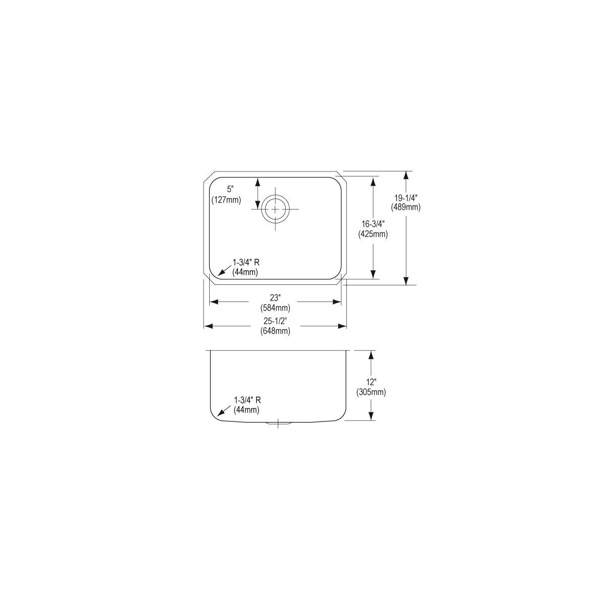 Technical drawing of stainless steel undermount sink showing top and side views with dimensions and drain placement.