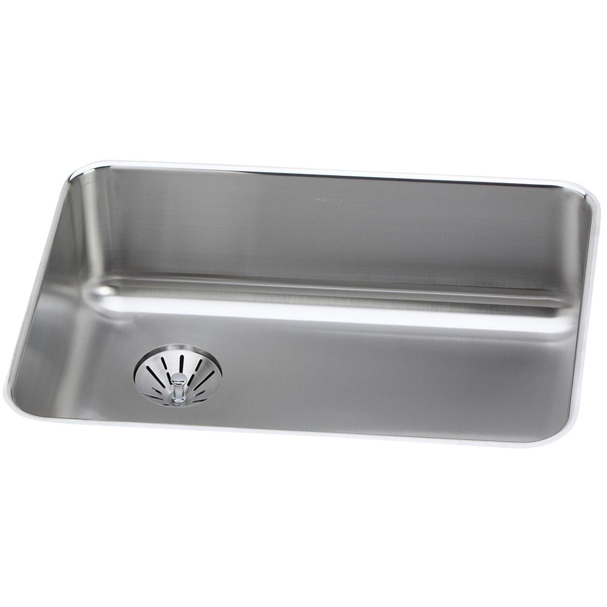 Stainless steel undermount sink with single bowl and drain positioned on left side.