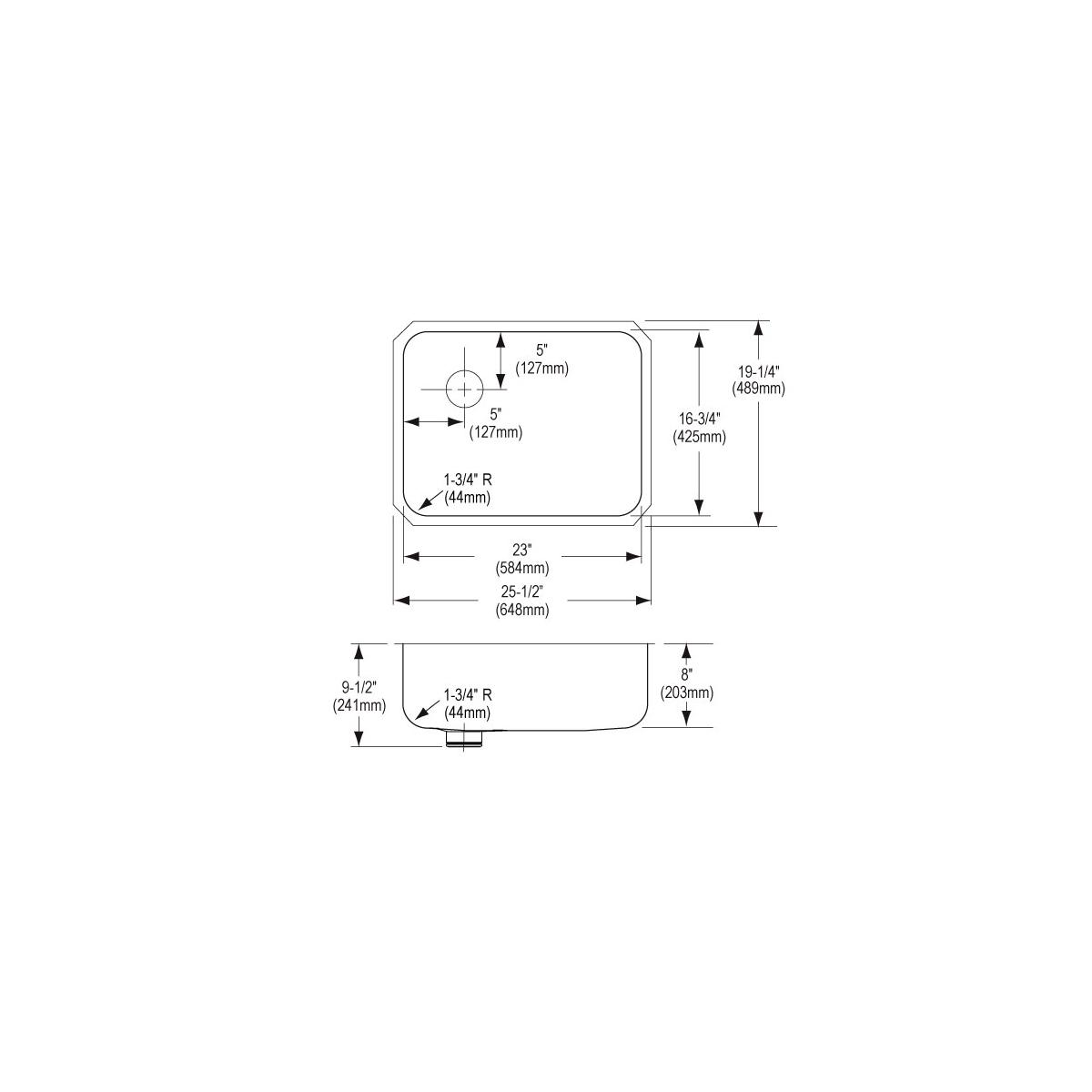 Stainless steel undermount sink with single bowl and left-side drain, shown in top and side technical drawings with dimension