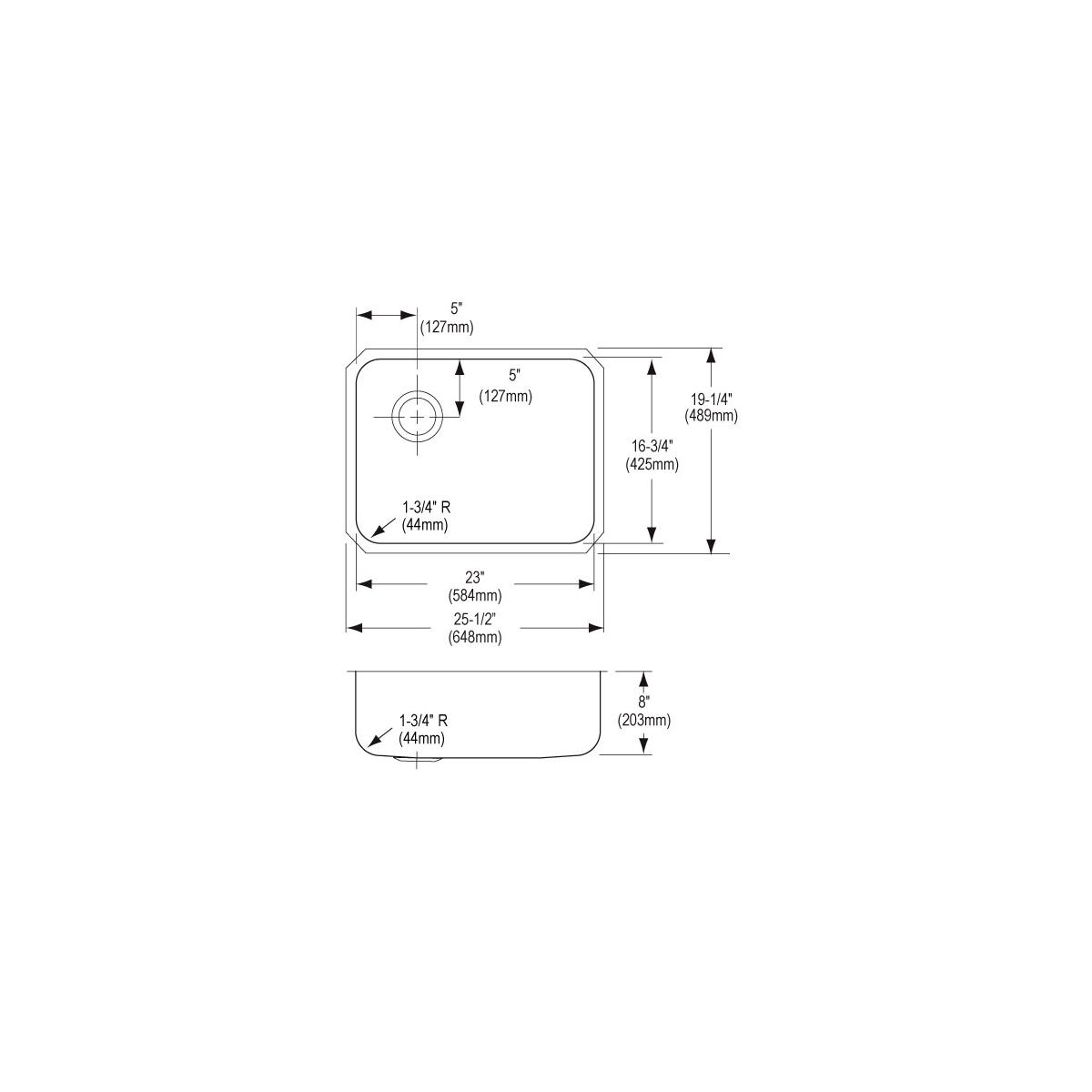Stainless steel undermount sink with single bowl, left drain placement, and rounded corners shown in top and side technical d