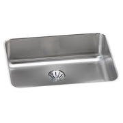 Brushed stainless steel single-bowl undermount sink with rounded corners and centered drain strainer.