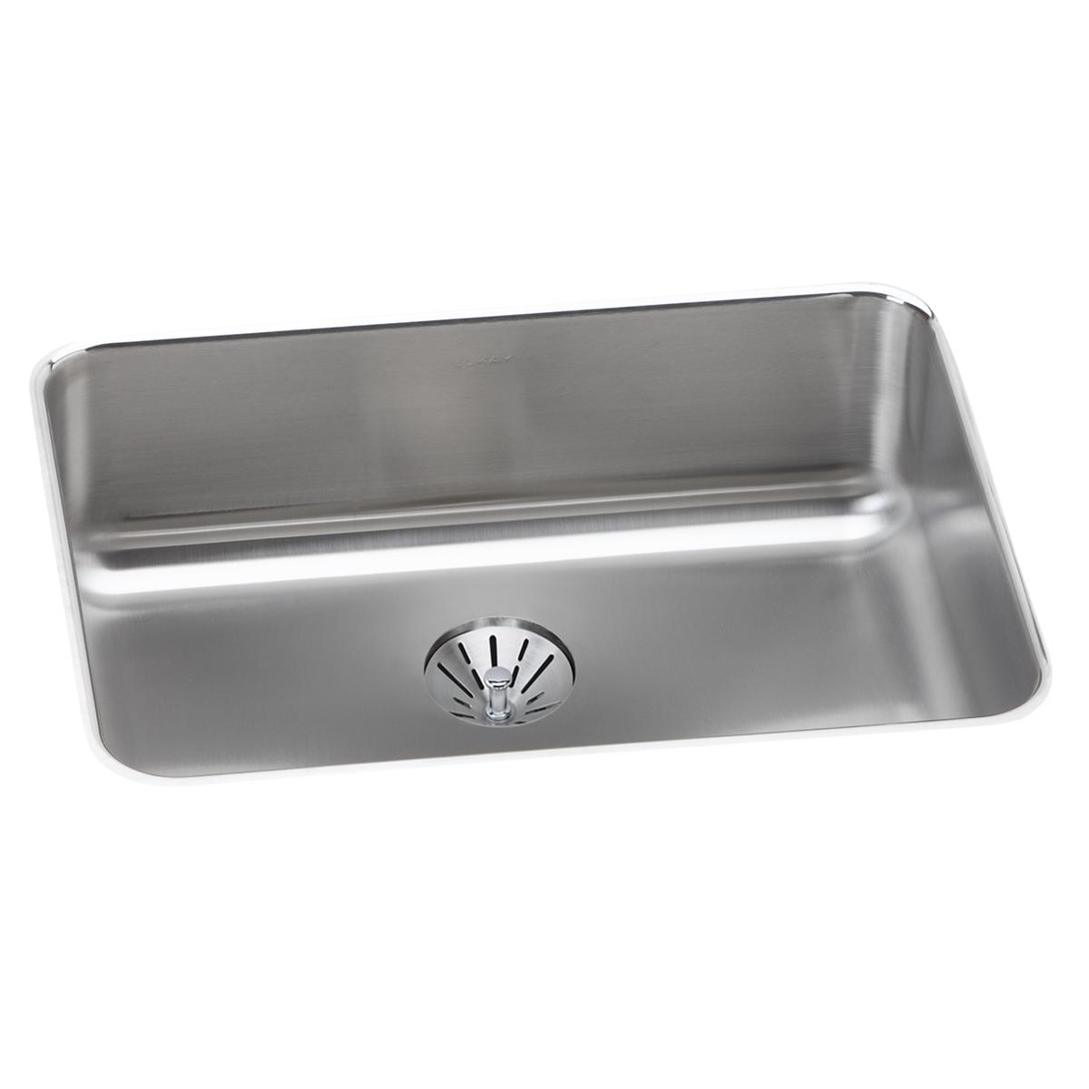 Brushed stainless steel single-bowl undermount sink with rounded corners and centered drain strainer.