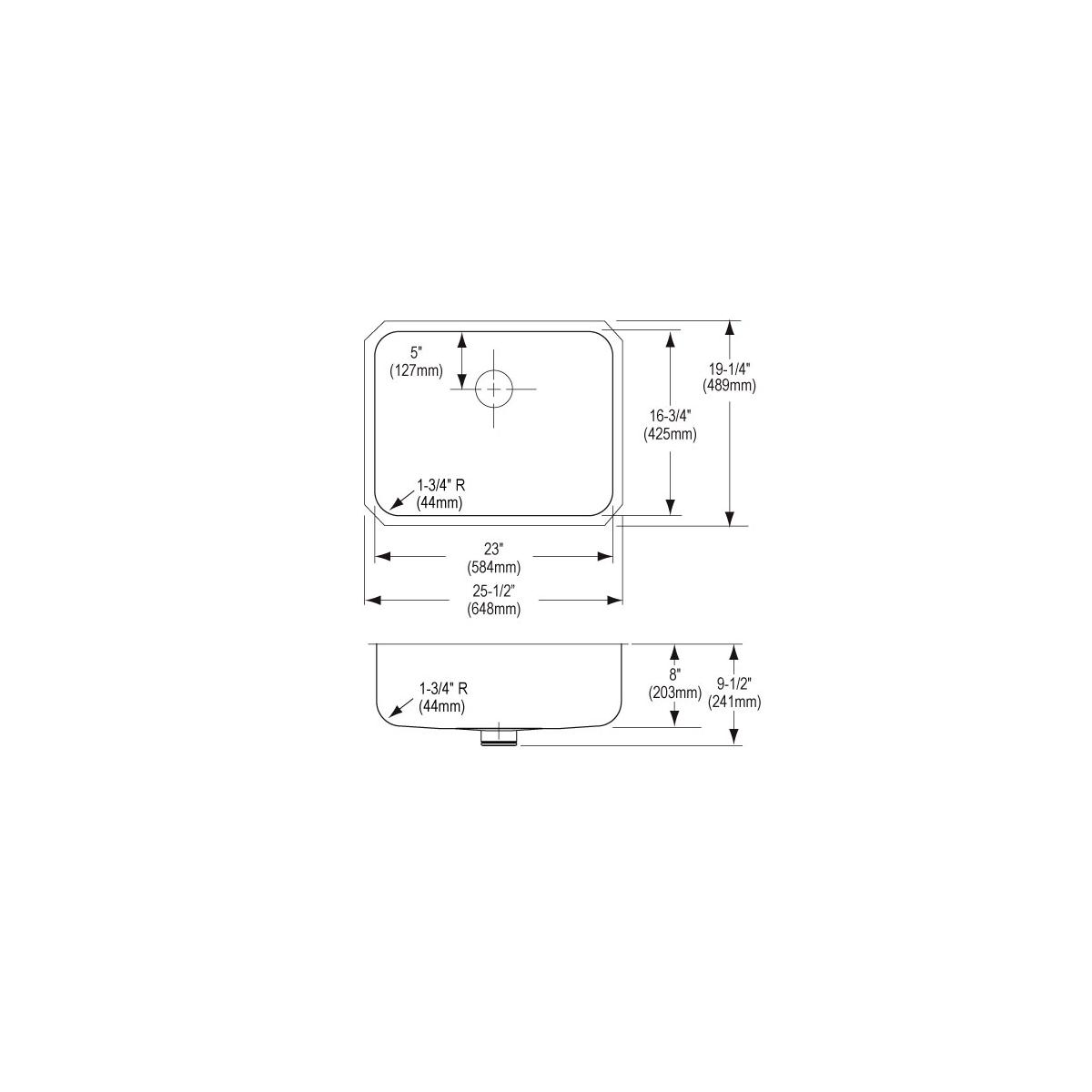 Top and side technical drawings of a rectangular stainless steel undermount sink with rounded corners and drain hole, showing