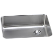 Stainless steel single bowl undermount sink with drain hole on right side and rounded corners.