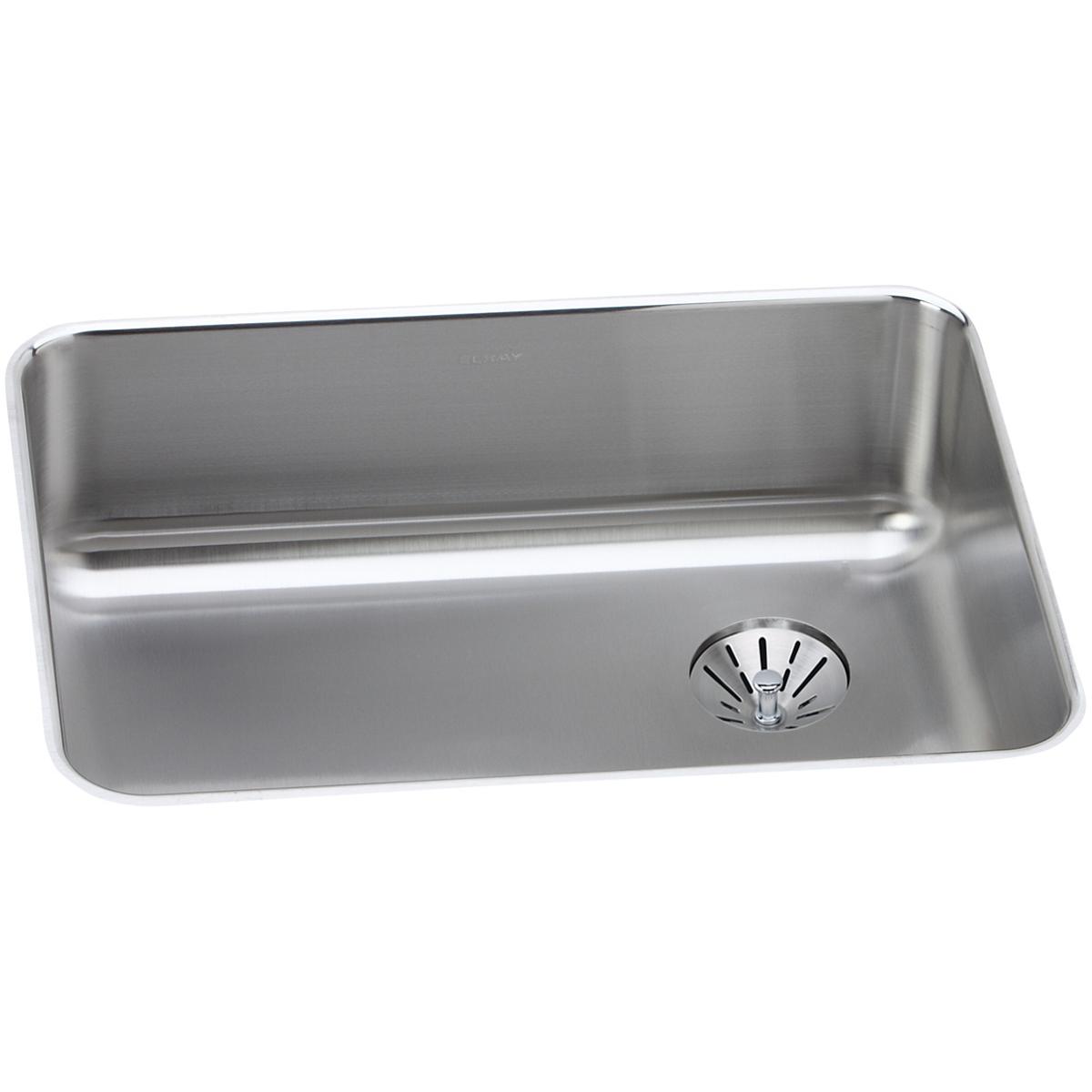 Stainless steel single bowl undermount sink with drain hole on right side and rounded corners.