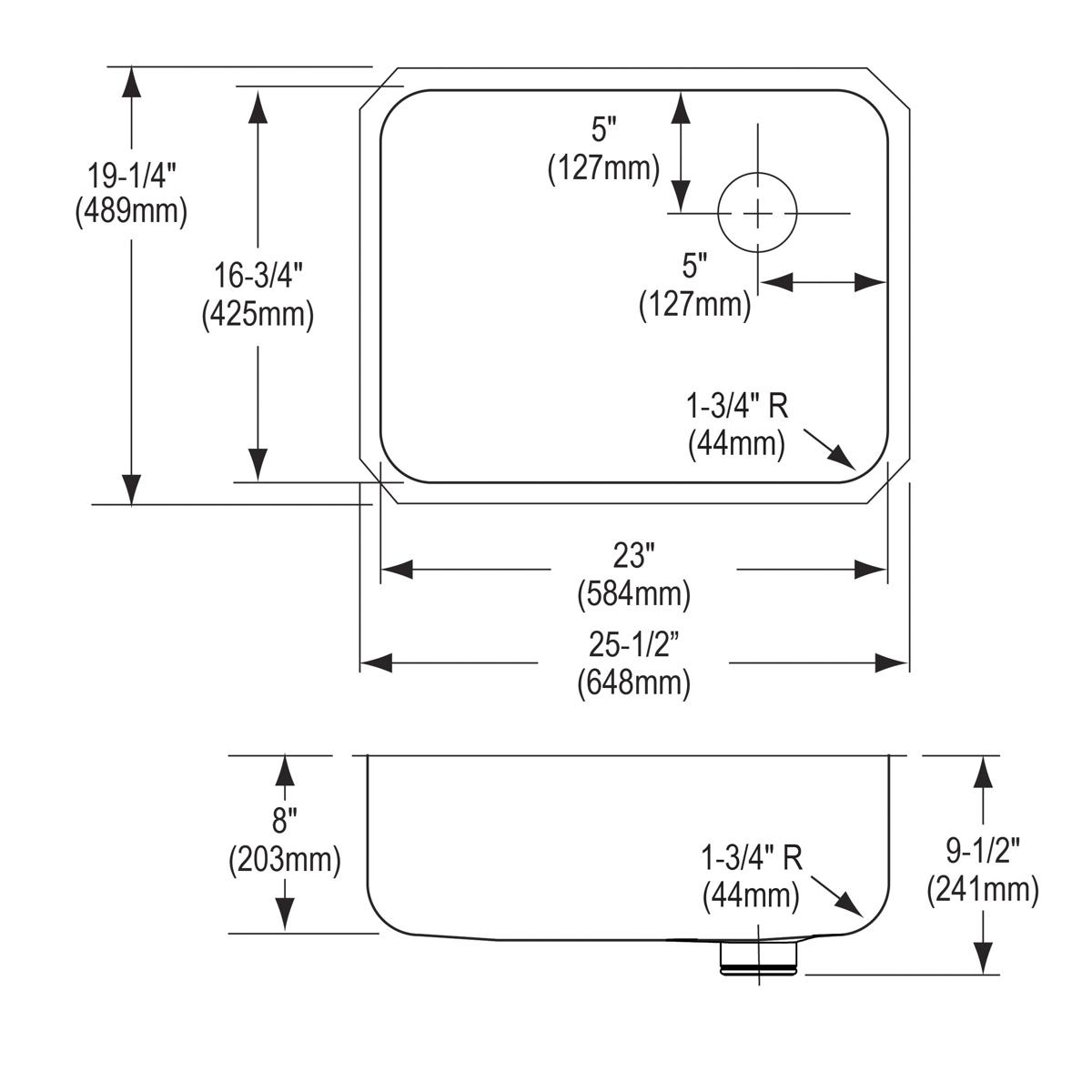 Technical drawing of a stainless steel undermount sink showing top and side views with dimensions and drain placement specifi