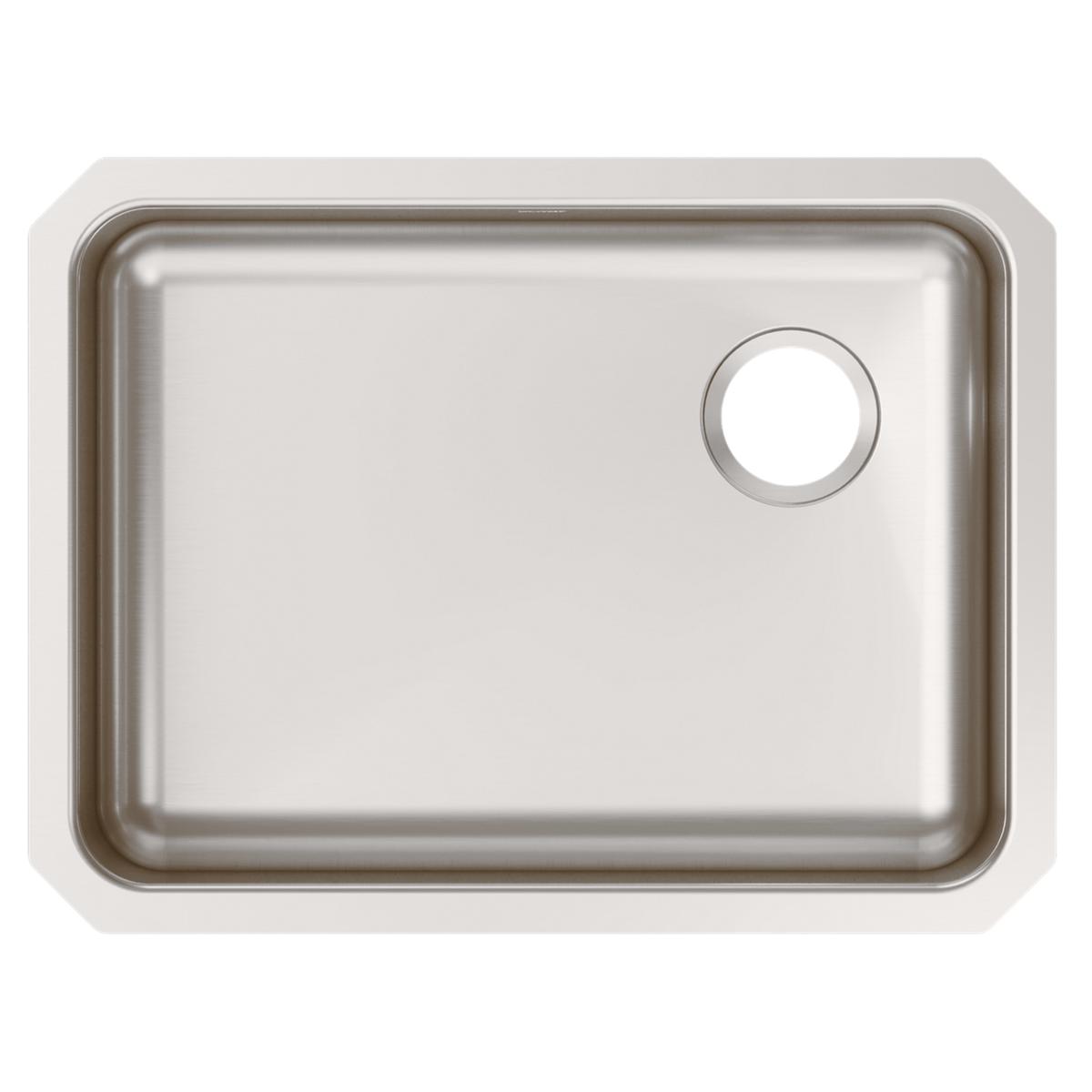 Stainless steel single bowl undermount sink with rounded corners and drain hole on right side, viewed from above.