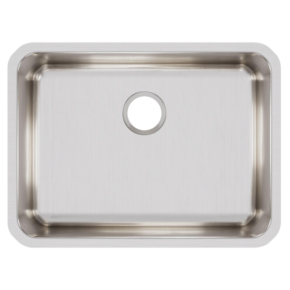 Stainless steel single bowl undermount sink with brushed finish and rounded corners, viewed from above.