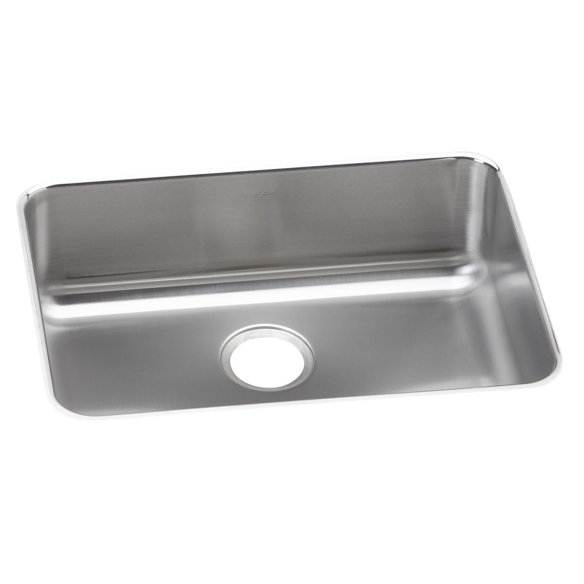 Stainless steel single bowl undermount sink with drain hole and brushed finish surface.