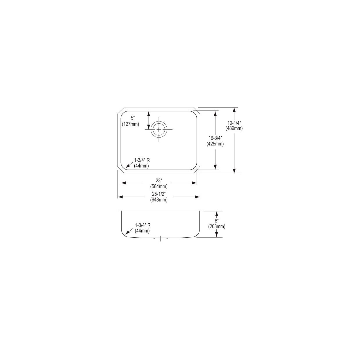 Technical schematic showing top and side views of a single bowl stainless steel undermount sink with dimensions and drain pla