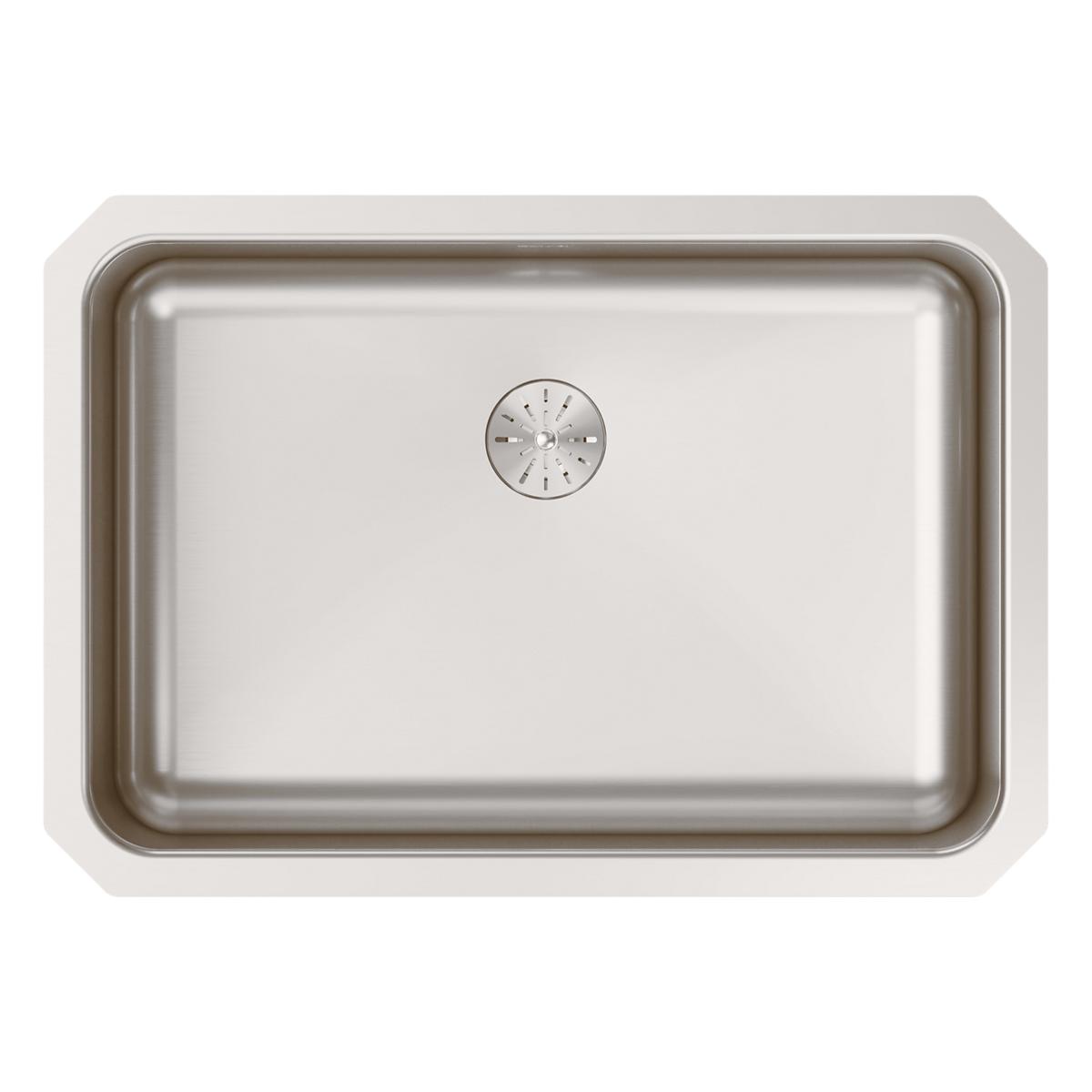 Stainless steel single bowl undermount sink with rounded corners and center drain opening, viewed from above.