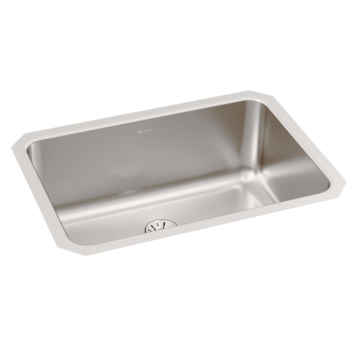 Stainless steel undermount sink with single basin and drain fitting visible at bottom.