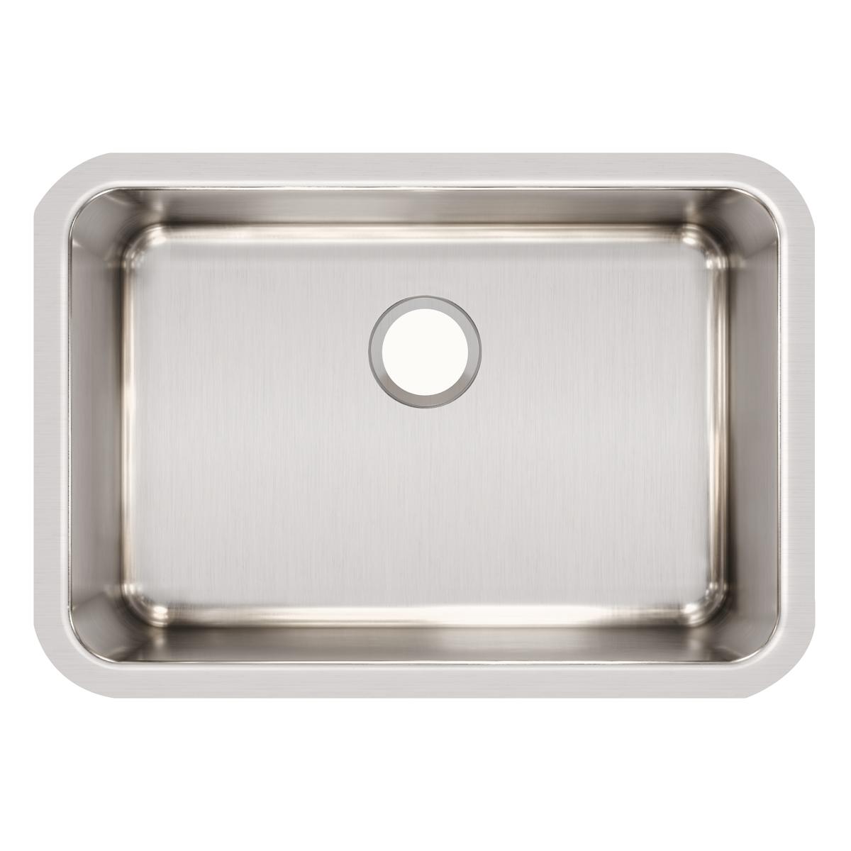 Stainless steel single bowl undermount sink with brushed finish and rounded corners, viewed from above.