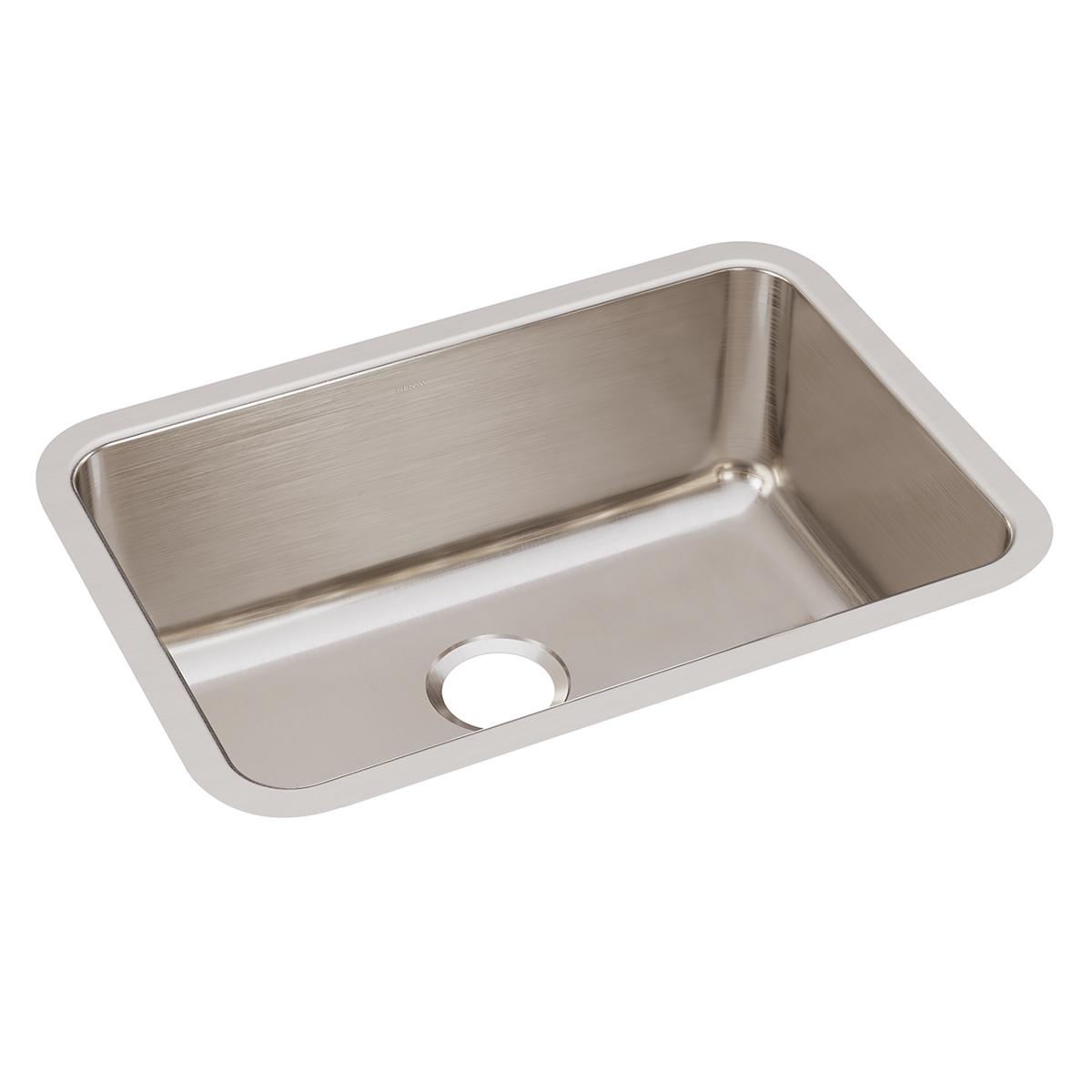 Stainless steel single bowl undermount sink with rounded corners and drain hole, shown from above angle.
