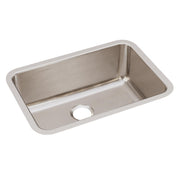 Stainless steel single bowl undermount sink with rounded corners and drain hole, shown from above angle.