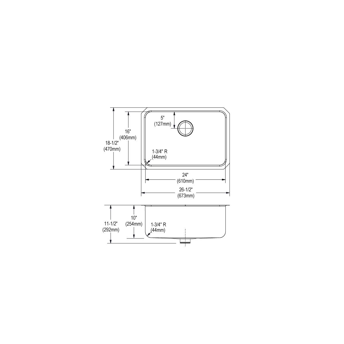 Stainless steel single bowl undermount sink with rounded corners and drainage hole shown in top and side technical drawings w