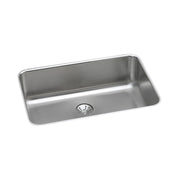 Stainless steel single bowl undermount sink with rounded corners and center drain opening.
