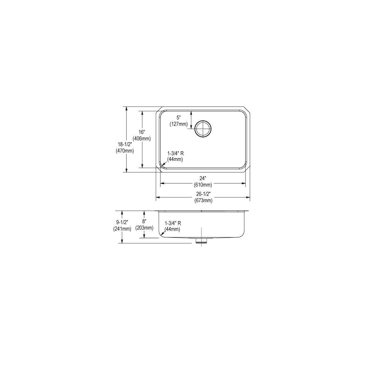 Stainless steel undermount sink shown in top and side technical drawings with dimensions and drain placement specifications.