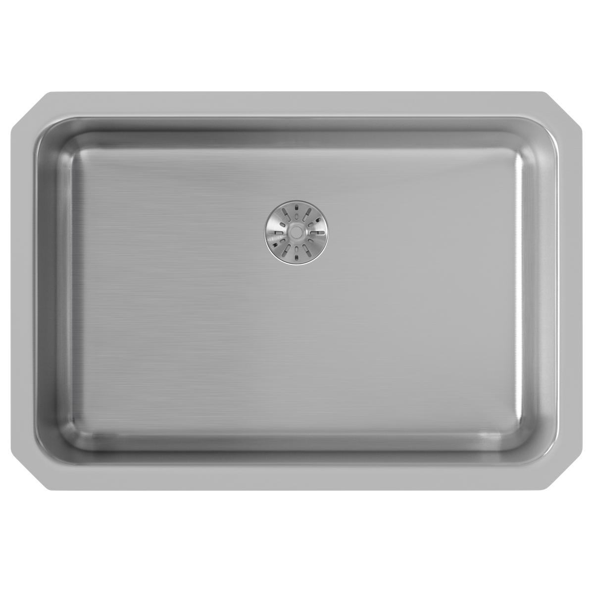 Stainless steel undermount sink with single bowl and drain opening, viewed from above.
