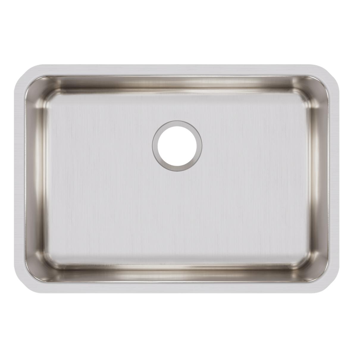 Stainless steel single bowl undermount sink with brushed finish and drain hole.