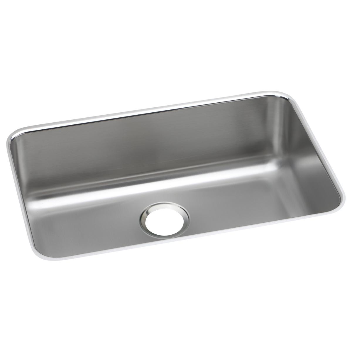Stainless steel single bowl undermount sink with rounded corners and one drain hole.
