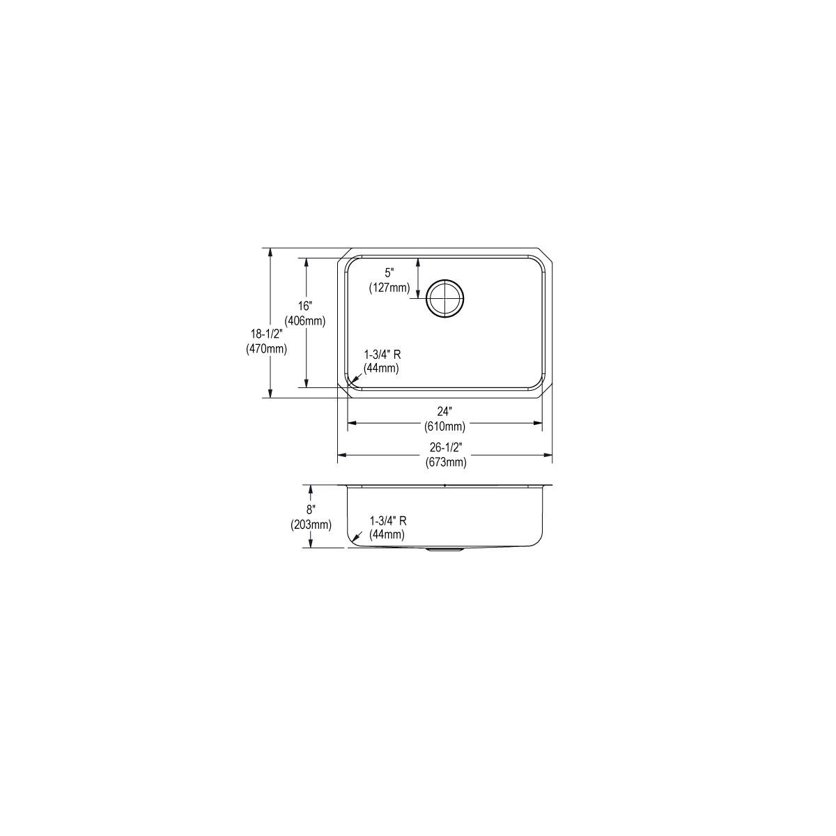Stainless steel single bowl undermount sink with rounded corners and drain hole, shown from top and side views with dimension