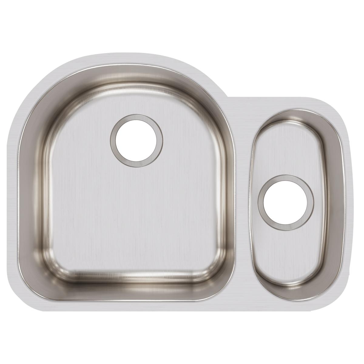 Stainless steel double bowl undermount sink with larger left bowl and smaller right bowl, each with drain opening.