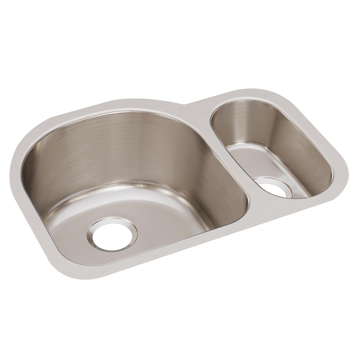 Stainless steel double bowl undermount sink with one larger and one smaller basin, each with drain opening.