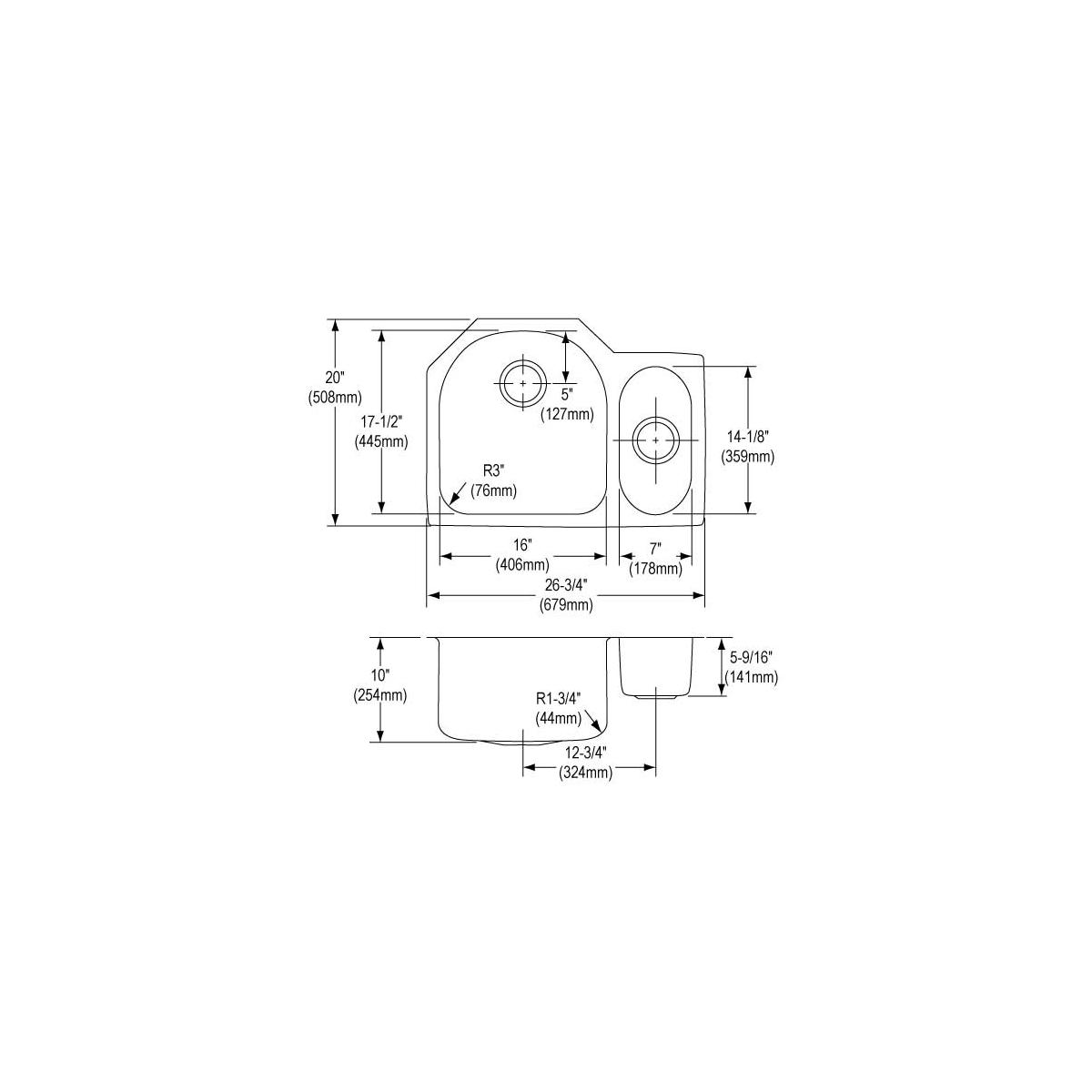 Stainless steel double bowl undermount sink with offset 70/30 configuration and detailed dimension specifications.