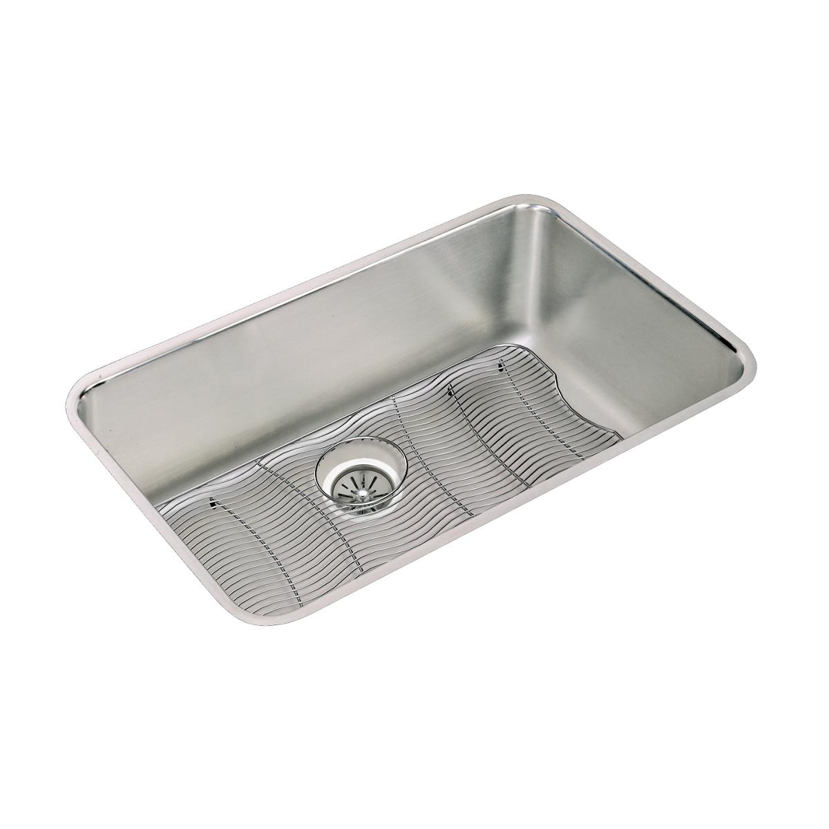 Stainless steel single bowl undermount sink with drain and stainless steel bottom grid.