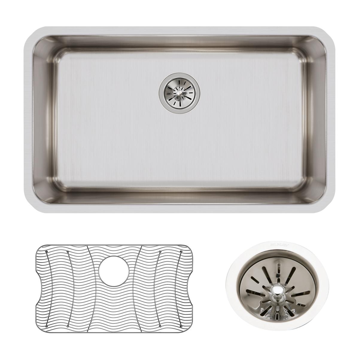 Stainless steel single bowl undermount sink with brushed finish, drain basket, and protective grid mat included.
